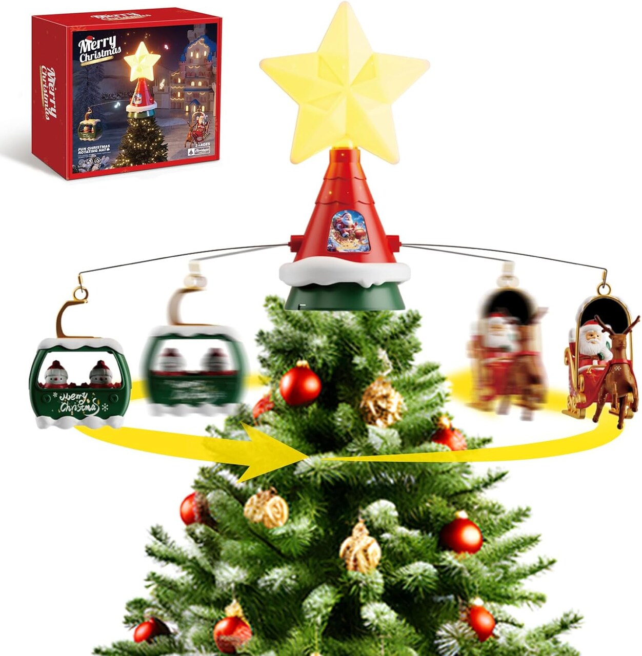 Musical Rotating Christmas Tree Topper (Red, Green, and Gold)